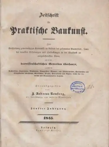 Buch: Zeitschrift für praktische Baukunst-5. Jg. 1845, Romberg, J. A. (Hg.), gut