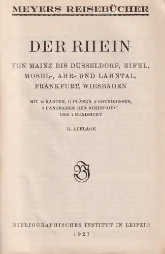 Buch: Der Rhein von Mainz bis Düsseldorf, Eifel ..., 1927, Meyers Reisebücher