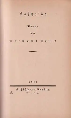 Buch: Roßhalde, Roman, Hesse, Hermann. 1919, S. Fischer, Verlag, gebraucht, gut