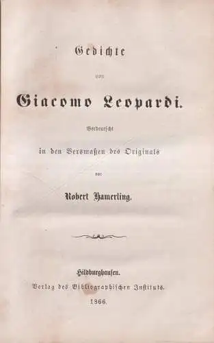 Buch: Gedichte, Leopardi, Giacomo, 1866, Bibliographisches Institut