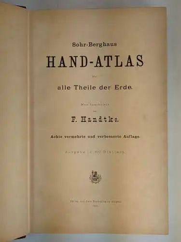 Buch: Sohr-Berghaus Hand-Atlas über alle Theile der Erde, 1888, C. Flemming, gut