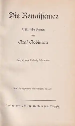 Buch: Die Renaissance, Historische Szenen, Graf Gobineau, ca. 1917, Reclam