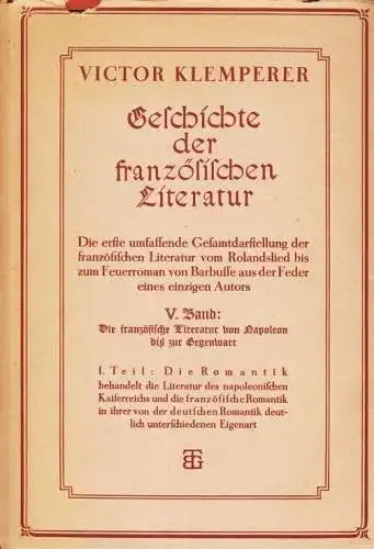 Buch: Geschichte der Französischen Literatur Band V/1. Klemperer, Victor, 1925