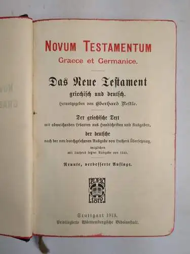 Buch: Novum Testamentum Graece et Germanice, Das Neue Testament, Nestle, 1913