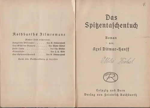 Buch: Das Spitzentaschentuch, Ditmar-Hanff, Axel, Verlag Friedrich Rothbarth