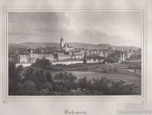 Roßwein. Original-Lithographie. Grafik mit Passepartout. Kunstgrafik, 1840