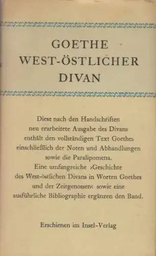 Buch: West-Östlicher Divan, Goethe, Johann Wolfgang von. 1972, Insel Verlag
