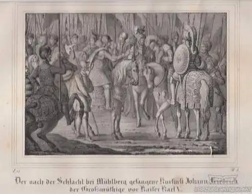 Nach der Schlacht bei Mühlberg. Karl V, Lithographie. Kunstgrafik, 1840