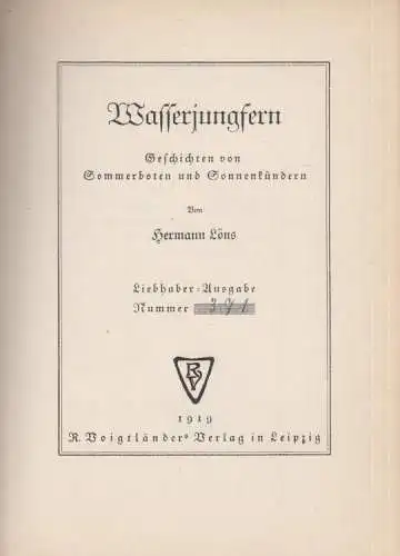 Buch: Wasserjungfern, Löns, Hermann, 1919, Voigtländers Verlag, guter Zustand