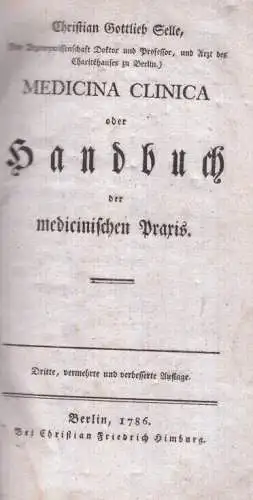 Buch: Medicina Clinica oder Handbuch der medicinischen Praxis, Selle. 1786