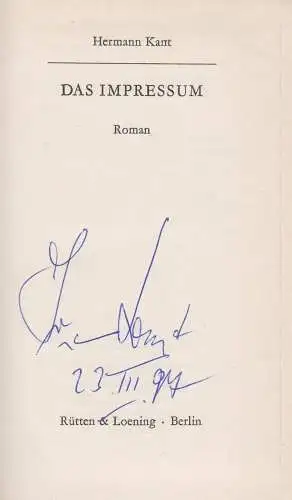 Buch: Das Impressum, Roman. Kant, Hermann, 1977, Rütten & Loening, signiert