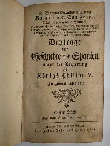 Buch: Beyträge zur Geschichte von Spanien... Bacallar y Sanna, 1772, Hinz