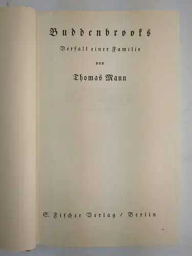 Buch: Buddenbrooks - Verfall einer Familie, Thomas Mann, 1930, S. Fischer 338802