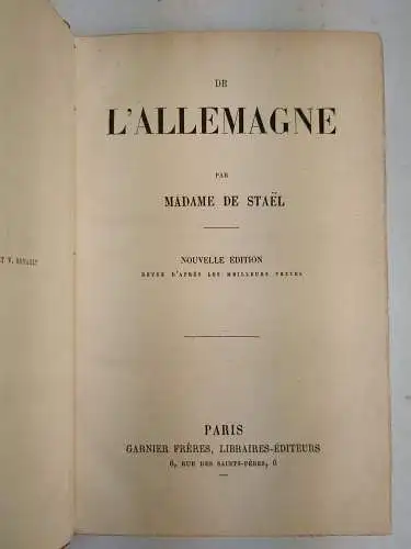 Buch: De l'Allemagne par Madame de Stael, ca. 1835, Garnier Freres, französisch