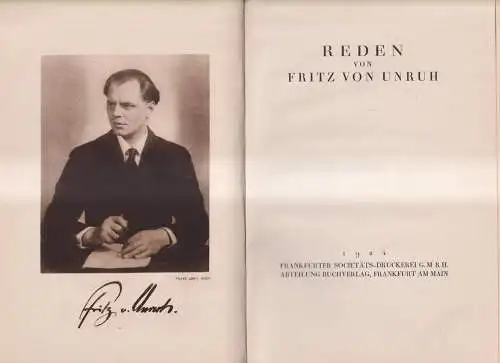 Buch: Reden, Fritz von Unruh, 1924, Societäts-Verlag, gebraucht, gut