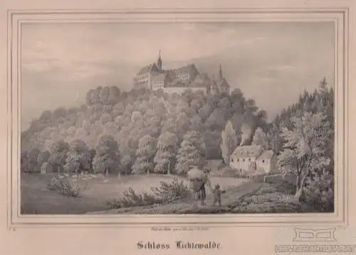 Schloss Lichtewalde. Original-Lithographie. Grafik mit Passepartout, Arldt. 1840