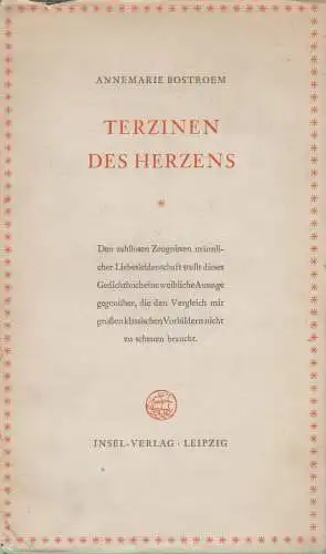 Buch: Terzinen des Herzens, Bostroem, Annemarie. 1955, Insel-Verlag, Gedichte