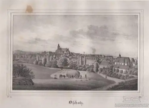 Oschatz. Original-Lithographie. Grafik mit Passepartout. Kunstgrafik, 1840