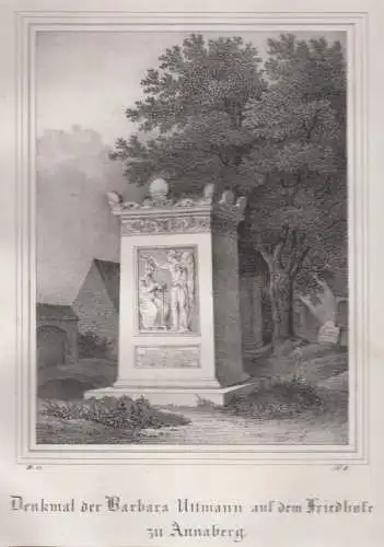Denkmal der Barbara Uttmann auf dem Friedhofe zu Annaberg. Grafik, Litho, 1840