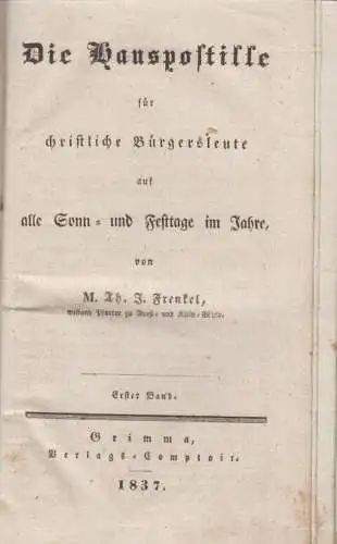 Buch: Die Hauspostille für christl. Bürgersleute, Frenkel, Th. J., 3 Teile, 1837