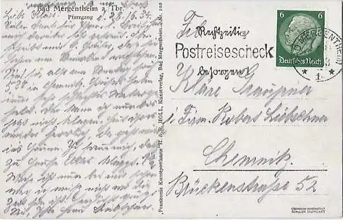 AK Bad Mergentheim a./Tbr. Pfarrgang. ca. 1934, Postkarte. Serien Nr, ca. 1934