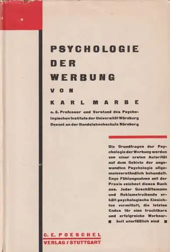 Buch: Psychologie der Werbung, Marbe, Karl, 1927, C. E. Poeschel Verlag