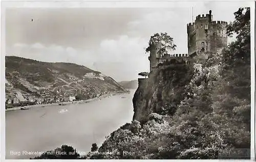 AK Burg Rheinstein mit Blick auf Assmannshausen a. Rhein. ca. 1939, Postkarte