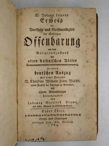 Buch: Erweis der Vortheile und Nothwendigkeit der christlichen..., Leland, 1769