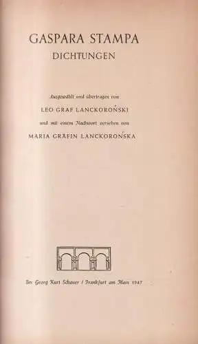 Buch: Dichtungen, Gaspara Stampa, 1947, Georg Kurt Schauer, gebraucht, gut