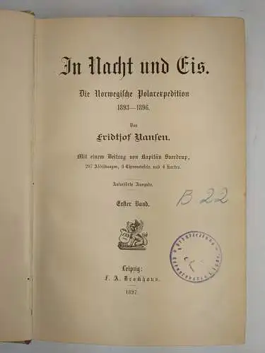 Buch: In Nacht und Eis, Nansen, Fridtjof. 2 Bände, 1897, F. A. Brockhaus