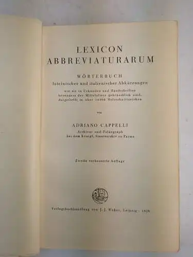Buch: Lexicon Abbreviaturarum, Cappelli, Adriano, 1928, J. J. Weber, guter Zust.