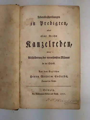 Buch: Lebensbeschreibungen in Predigten, Enfields, W., 1777, Weidmanns Erben u.