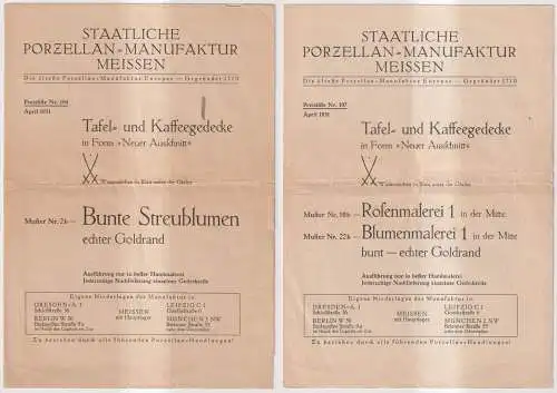 2 Faltblätter:  Staatliche Porzellan-Manufaktur Meißen, Preisliste Nr. 104 + 107