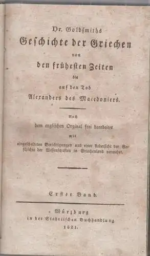 Buch: Dr. Goldsmiths Geschichte der Griechen, 1821, Stahelischen Buchhandlung