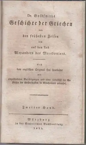 Buch: Dr. Goldsmiths Geschichte der Griechen, 1821, Stahelischen Buchhandlung