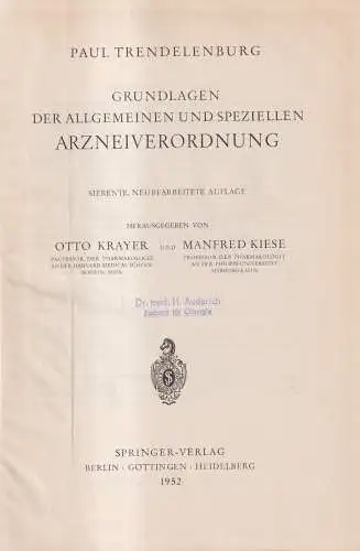 Buch: Grundlagen der Allgemeinen und Speziellen Arzneiverordnung, 1952, Springer