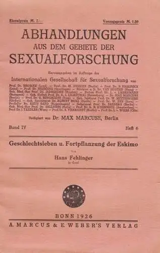 Buch: Geschlechtsleben und Fortpflanzung der Eskimo, Fehlinger, Hans. 1926