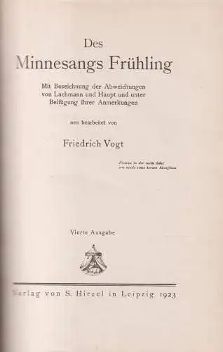 Buch: Des Minnesangs Frühling. Vogt, Friedrich, 1923, S. Hirzel Verlag