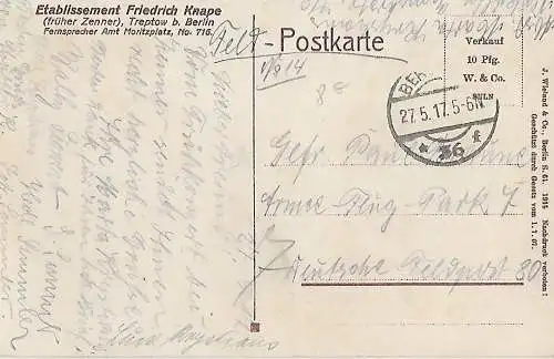 AK Etablissement Friedrich Knape, Treptow b. Berlin. ca. 1914, Postkarte, gut