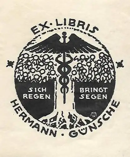 Original Druck Exlibris: Hermann Günsche. Sich regen bringt Segen, Baum, gut