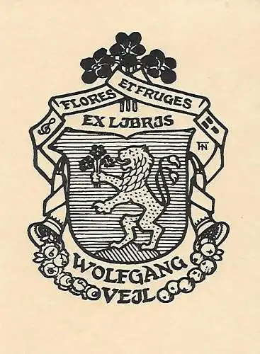 Original Hochdruck Exlibris: Flores Etfruges. Wolfgang Vejl, Löwe, Wappen, gut