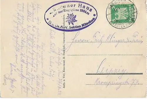 AK Unterkunftshütte am Höllentalanger. ca. 1924, Postkarte, gebraucht, gut