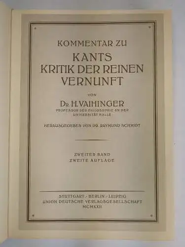 Buch: Kommentar zu Kants Kritik der reinen Vernunft 1+2, Vaihinger, Scientia