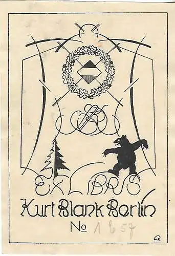 Original Druck Exlibris: Kurt Blank Berlin, Bär, Baum gebraucht, gut