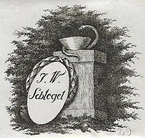 Original Druck Exlibris: J. W. Schlegel, Schlange, Altar, gebraucht, gut