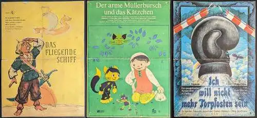 3 Plakate Kino: Das fliegende Schiff, Müllerbursch und das Kätzchen, Torpfosten