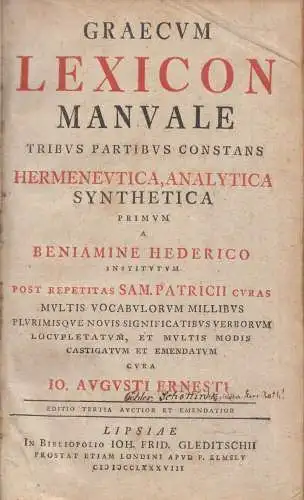 Buch: Graecvm Lexicon Manvale. Hederico, Beniamine, 1788, Frid. Gleditsch