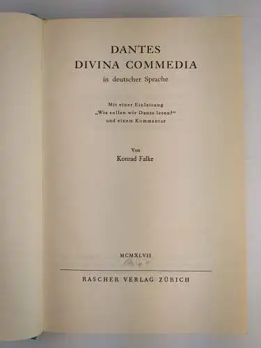 Buch: Dantes Divina Commedia in deutscher Übertragung von K Falke, 1927, Rascher