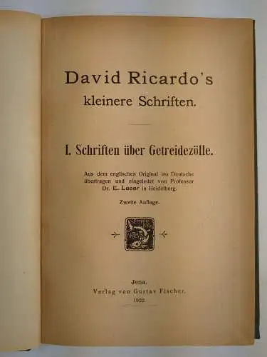 Buch: David Ricardo's kleinere Schriften I. Schriften über Getreidezölle, 1922