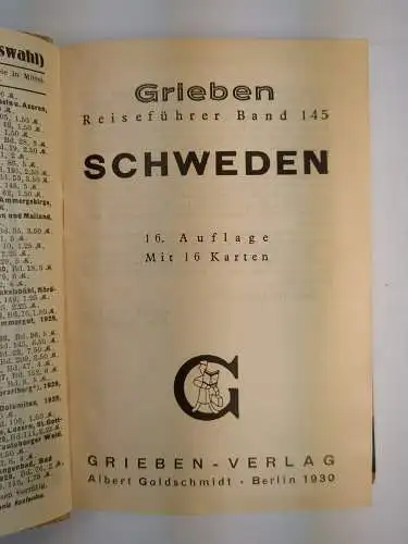 Buch: Schweden, 1930, 16. Auflage, Grieben Reiseführer Band 145, gebraucht, gut